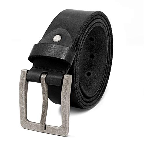 ROYALZ Vintage 4mm Cinturón de cuero de búfalo robusto 4mm de cuero para hombre, correa para vaqueros con hebilla de espina - cuero completo antiguo 38mm, Color:Negro, tamaño:130