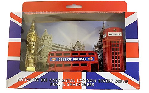 Sacapuntas de Lápiz de Londres - Conjunto de 3 / Big Ben / Autobús de Dos Pisos Rojo / Cabina Telefónica / Metal Fundido / Escena de la Calle / Recuerdo Británico de Inglaterra Reino Unido