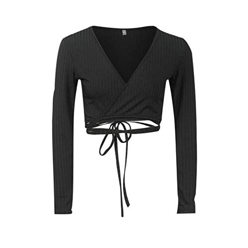 SALLM Moda de Manga Larga con Cordones Pullover Nuevas Mujeres Mujer Jersey sólido Tejer Ropa Sexy Cuello en V Suéter Fino de Punto Cruzado, Negro, L