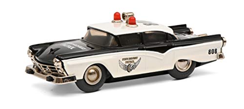 Schuco 450176000 Micro Racer Fairlane Police, 1045/1, Modelo de Coche con Luces giratorias y Altavoz en el Techo, con Motor de Cuerda, Negro/Blanco, Caja Cerrada con Funda Deslizante