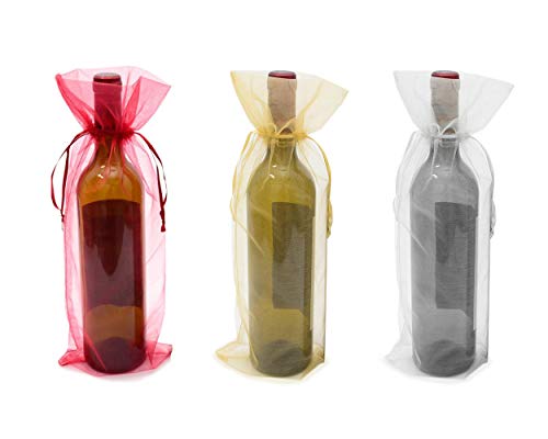 SCSpecial Bolsas de organza para botella de vino, 24 unidades, con cordón de ajuste, bolsas de regalo para botella de 15 pulgadas, para recepción de boda, escaparate de tienda, regalos de fiesta