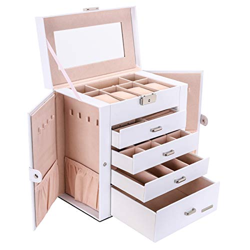 Seelux Caja de joyería 4 cajones Caja para Joyas, con Espejo, para Pendientes, Pulseras, Anillos, Almacenamiento y Expositor, Relojes, Gafas, Bloqueable Blanco