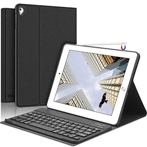 SENGBIRCH iPad Teclado Funda, Funda con Teclado Español para iPad 2018(6th Gen)/iPad 2017/iPad Air 2/iPad Air/iPad Pro 9.7,Teclado Bluetooth con Cover Smart Auto Sleep/Wake para iPad 9.7-Negro