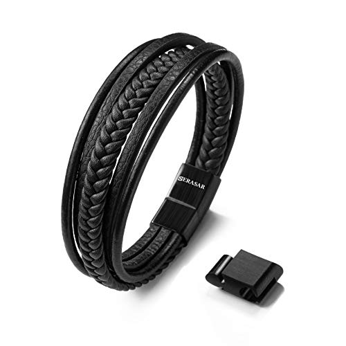 SERASAR 23cm Negro Pulsera de Cuero Hombre Chico Pulseras Hombres Brazalete Brazaletes Pulso Muñequera Muñequeras Bisuteria Bisutería Joyeria Nudos Cuerda Cuerdas Bracelet Men Jewellery Unisex Ancha