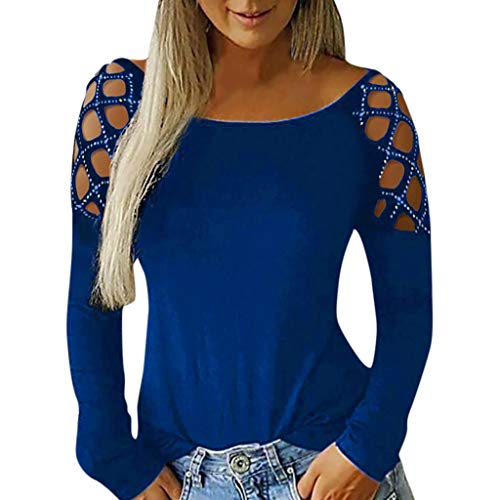SHOBDW Mujeres Camisetas de Manga Larga Tallas Grandes Cuello en V sólido Camisa de Manga Larga Moda Casual Primavera Otoño Blusa Blusas Sueltas Diseño Cruzado Delantero Camiseta (Medium, T-Azul)