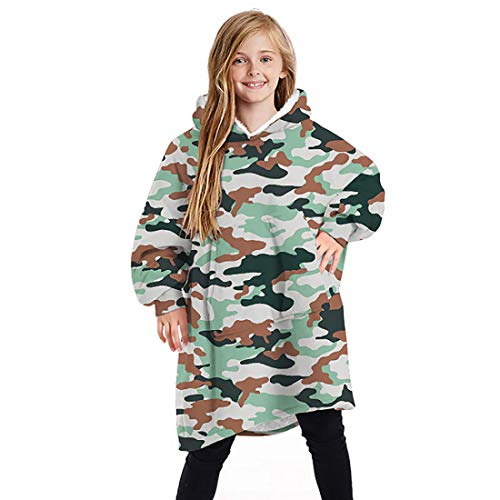 Shujin Sherpa Poncho Manta con capucha unisex de gran tamaño con estampado de moda, manta cálida y acogedora para televisión con mangas y bolsillo para niños y niñas camuflaje Talla única