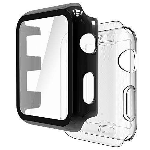 Simpeak 2 Pcs Funda Compatible con Apple Watch 42mm Series 3/2, Carcasa Total Protección de Pantalla Compatible para Apple Watch 42mm Series 3/2, Transparente+Negro
