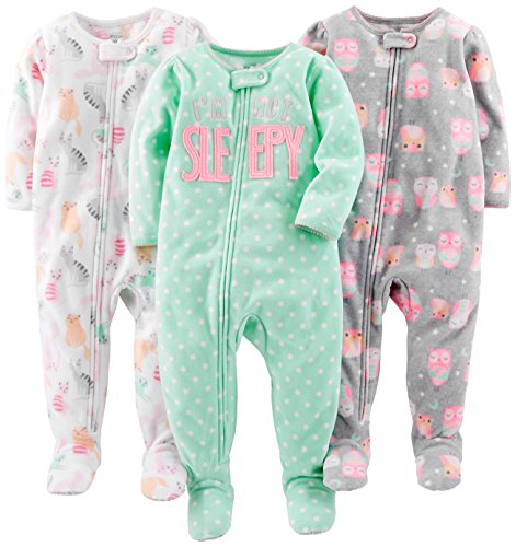 Simple Joys by Carter's pijama de forro polar suelto para bebés y niñas pequeñas, paquete de 3 ,Owl/Cats/Dot ,12 Meses