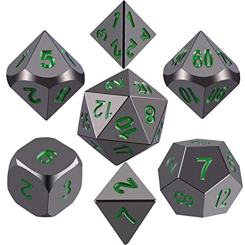 SIQUK Metal Polyhedral 7-Die Dice Set, Negro Brillante Pintado y números Verde Oscuro Zinc aleación Dice con Metal, Juego de rol Juego de Dados fijado para Mazmorras y Dragones RPG Dice Gaming D & D