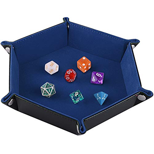 SIQUK Tablero de Dados Bandeja de Dados de Doble, Cuero Plegable de hexágono PU y Soporte de Dados de Terciopelo Azul Oscuro para Mazmorras y Dragones Juego de Dados D&D y Otros Juegos de Mesa