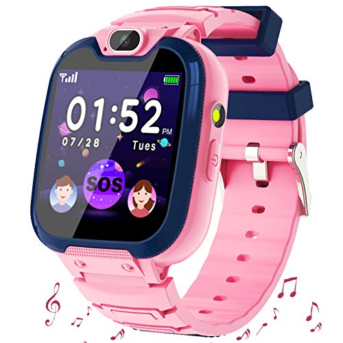 Smartwatch Niños - MP3 Música 14 Juegos Niños Reloj Inteligente llamada Chat de Voz SOS linterna Cámara Vídeo Digital Pantalla Táctil HD Deporte Reloj de Pulsera Digital Para Niños De 4-12 Años (Rosa)