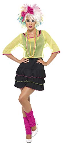 Smiffys-38823m Disfraz de Chica años 80 y Amarillo, con Parte de Arriba, Vestido y diade, Color Negro, M-EU Tamaño 40-42 (Smiffy'S 38823M)