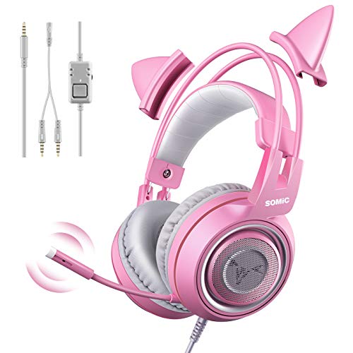 SOMIC G951S Auriculares rosa para juegos con micrófono, Auricular rosa oreja de gato con 3.5mm con cable para Xbox One, Nintendo Switch, PS4, iPhone, iPad