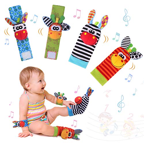 Sonajero Calcetines y Muñequeras para Bebé, Sonajero Toys con Buscador de Muñeca y Pie Juguetes de Animales Suaves y Bonitos para Recién Nacidos Niños Bebés (2 Pulseras y 2 Calcetines)