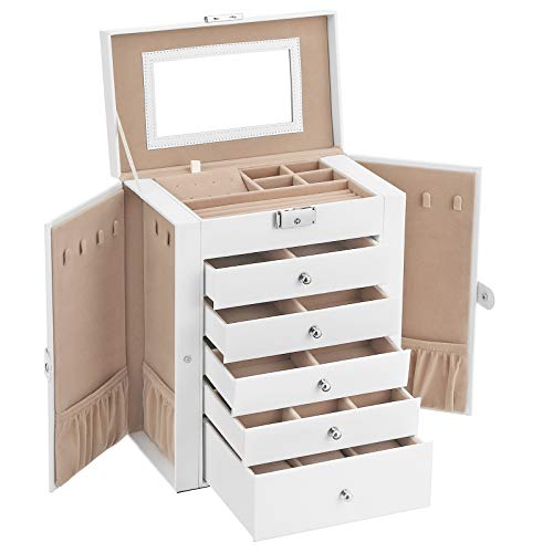 SONGMICS Caja Grande de Joyas, Caja Joyero de 6 Niveles con Puertas Laterales, Cajones, Espejo y Cerradura, para Pulseras, Pendientes, Anillos, Collares, Relojes, Blanco JBC152W01 SONGMICS Caja Grande de Joyas, Caja Joyero de 6 Niveles con Puertas Laterales, Cajones, Espejo y Cerradura, para Pulseras, Pendientes, Anillos, Collares, Relojes, Blanco JBC152W01
