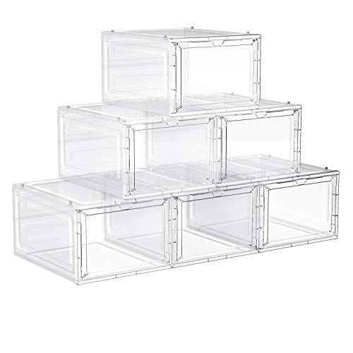 SONGMICS Cajas de Zapatos, Cajas Plástica Apilable para Zapatos, Juego de 6 Organizador de Zapatos, Ahorro de Espacio, Fácil Montaje, 27 x 34,5 x 19 cm, hasta Talla 45, Blanco LSP032W06