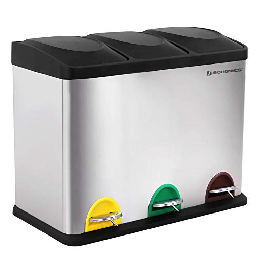 SONGMICS Cubo de Basura, Basurero de Pedal Reciclaje, Basurero de 45L de Metal, Separación de Residuos para Cocina, Duradero, 3 x 15 litros, Acero Inoxidable, Plata y Negro LTB45L SONGMICS Cubo de Basura, Basurero de Pedal Reciclaje, Basurero de 45L de Metal, Separación de Residuos para Cocina, Duradero, 3 x 15 litros, Acero Inoxidable, Plata y Negro LTB45L