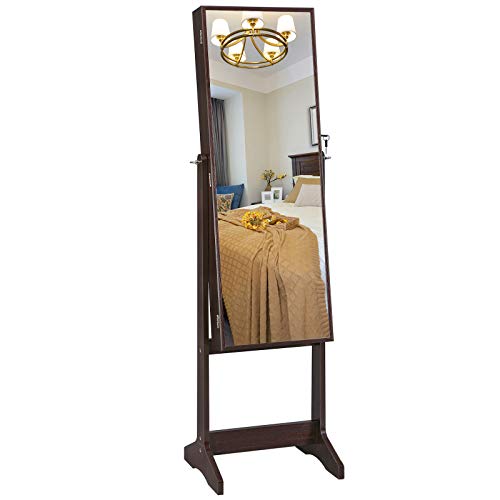 SONGMICS Gabinete de Joyería, Armario con Espejo, Espejo de Pie, Espejo de Longitud Completa, Idea para Regalo, Montaje Sencillo, Marrón JJC69BR SONGMICS Gabinete de Joyería, Armario con Espejo, Espejo de Pie, Espejo de Longitud Completa, Idea para Regalo, Montaje Sencillo, Marrón JJC69BR