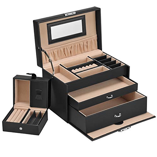 SONGMICS Joyero, Caja de Joyas, Organizador de Joyas de 3 Niveles con 2 Cajones y 1 Estuche de Viaje Portátil, para Anillos, Pulseras, Pendientes, Collares, de Regalo, Negro JBC126BK