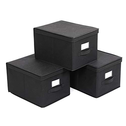 SONGMICS Juego de 3 Cajas Plegables de Alcon Tapas, Cubos de Tela con Portaetiquetas, 40 x 30 x 25 cm, Negro RFB03H