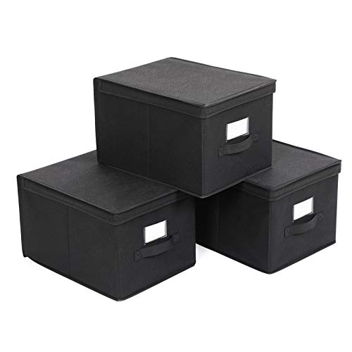 SONGMICS Juego de 3 Cajas Plegables de Alcon Tapas, Cubos de Tela con Portaetiquetas, 40 x 30 x 25 cm, Negro RFB03H SONGMICS Juego de 3 Cajas Plegables de Alcon Tapas, Cubos de Tela con Portaetiquetas, 40 x 30 x 25 cm, Negro RFB03H