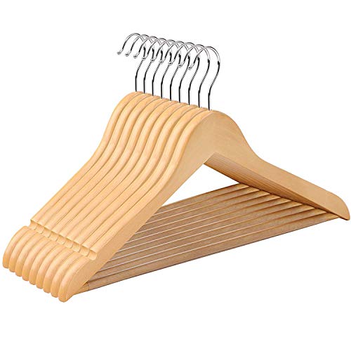 SONGMICS Perchas de Madera para Trajes, Juego de 10, Madera Maciza, Hombros con Muescas, Antideslizantes para Chaquetas, Camisas, Pantalones, Gancho Giratorio de 360°, Color Natural CRW001-10