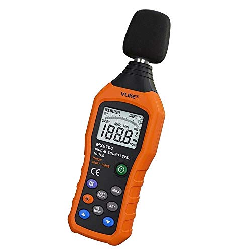 Sonómetro,VLIKE VL6708 Medidor de decibelios Medidor de nivel de ruido con modo A/C 30 a 130dB Velocidad de respuesta rápida y lenta(Las baterías excluyen)