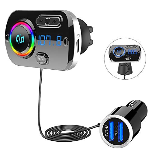 SONRU Nuevo Transmisor FM Bluetooth 5.0, Bluetooth para Coche Manos Libres para Vehículos, QC3.0 USB Cargador de Coche, Apoyo Tarjeta TF y Salida AUX, Sonido Cristal, Luz Colorida, Cable de 1.1M