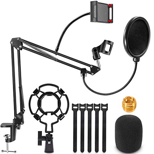 Soporte de Brazo de Micrófono, Renfox Tijera de Pluma de Suspensión Ajustable Soporte de Micrófono con Filtro Pop, Clip de Micrófono, Abrazadera de Servicio Pesado Mejorada para Blue Yeti, etc.