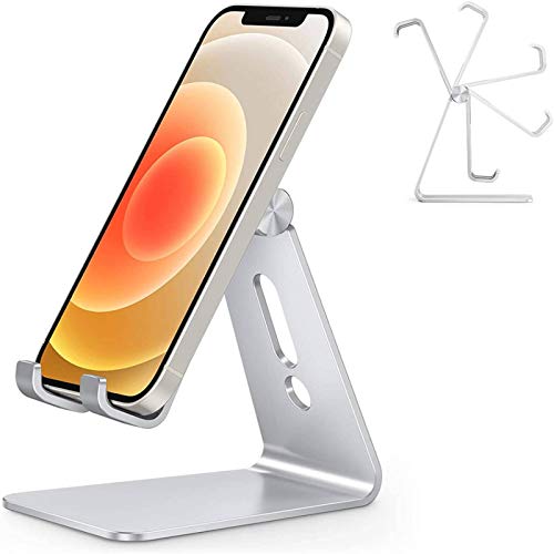 Soporte Teléfono Móvil Mesa, OMOTON Base Móvil Ajustable de Escritorio, Apoyo Teléfono de Aluminio para iPhone 12 Pro Max 12 Mini 11 XR SE, Xiaomi Redmi 9S 8 Pro 7, Samsung y Otras Smartphones, Plata