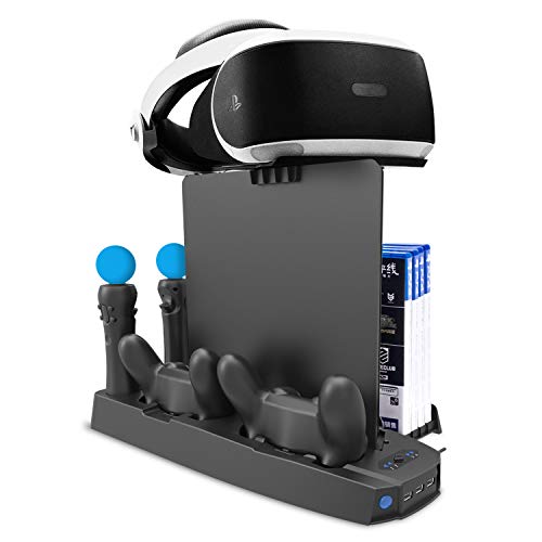 Soporte Vertical de Carga PSVR, Stand Vertical PS4 Pro /PS4 Slim/ PS4, [Todo en 1] Accesorio PS4 PlayStation VR, Refrigerador PS4,Cargador para Mandos DualShock 4 & PS Move