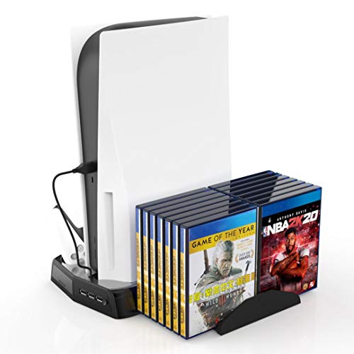 Soporte vertical para controladores PS5 con ventilador de refrigeración, con puertos de carga de controlador dual para PlayStation 5 y DualSense, y 14 ranuras de juego retráctiles Soporte vertical para controladores PS5 con ventilador de refrigeración, con puertos de carga de controlador dual para PlayStation 5 y DualSense, y 14 ranuras de juego retráctiles