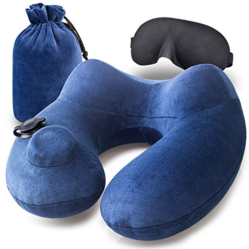 SPAHER Cervical Almohada de Viaje Inflable Hinchable Lavable Suave Cuello con botón para Dormir en los aeroplanos Oficina Que acampa del Tren Que dormía con el Bolso del Lazo y máscara Dormir Azul B
