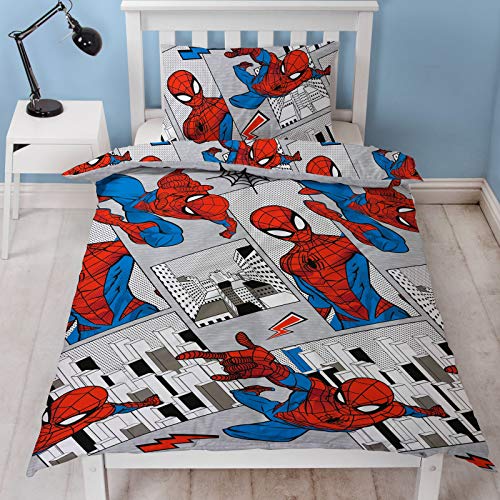 Spiderman - Funda de edredón para Cama Individual, diseño de Paisaje de la Ciudad, Reversible, Reversible, diseño de Paisaje de la Ciudad, con Funda de Almohada a Juego