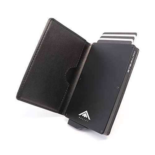 STEALTH WALLET Minimalista Portatarjetas RFID - Carteras de Tarjetas de Crédito Metálicas Delgadas y Livianas con Protección de Bloque NFC (Negro con Cuero Negro) STEALTH WALLET Minimalista Portatarjetas RFID - Carteras de Tarjetas de Crédito Metálicas Delgadas y Livianas con Protección de Bloque NFC (Negro con Cuero Negro)