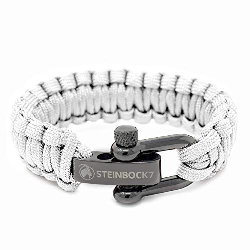 Steinbock7 - Pulsera de cuerda de supervivencia Paracord, color blanco, cierre ajustable de acero inoxidable brillante, incluye instrucciones para el trenzado (idioma español no garantizado)