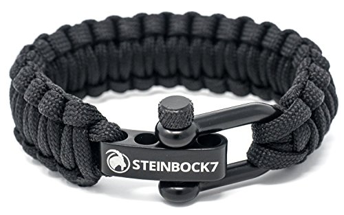 Steinbock7 - Pulsera de cuerda de supervivencia Paracord, color negro, cierre ajustable de acero inoxidable brillante, incluye instrucciones para el trenzado (idioma español no garantizado)