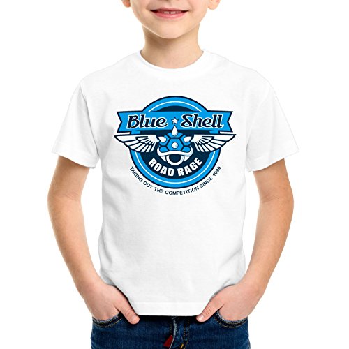 style3 Blue Shell Kart Camiseta para Niños T-Shirt Videojuego videoconsola Mario, Color:Blanco, Talla:128