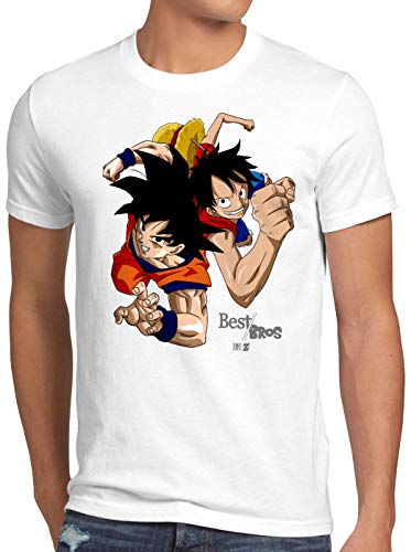 style3 Goku Ruffy - Best Bro's Camiseta para Hombre T-Shirt Sombrero z Saiyan, Talla:XL, Color:Blanco