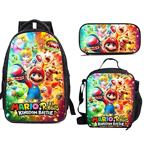 Su-Per Ma-Rio - Juego de mochila escolar con bolsa de almuerzo y estuche ligero para viajes, para niños y niñas Su-Per Ma-Rio - Juego de mochila escolar con bolsa de almuerzo y estuche ligero para viajes, para niños y niñas