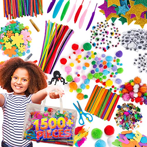 Suministros de artesanía para niños - 1500+ piezas en la bolsa, Suministro de arte de artesanía para niños, Juego de artesanía para niños, limpia pipas, ojos, plumas de 4 a 12 años