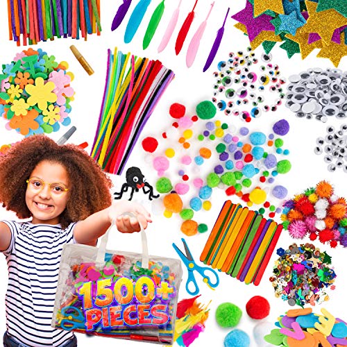 Suministros de artesanía para niños - 1500+ piezas en la bolsa, Suministro de arte de artesanía para niños, Juego de artesanía para niños, limpia pipas, ojos, plumas de 4 a 12 años Suministros de artesanía para niños - 1500+ piezas en la bolsa, Suministro de arte de artesanía para niños, Juego de artesanía para niños, limpia pipas, ojos, plumas de 4 a 12 años
