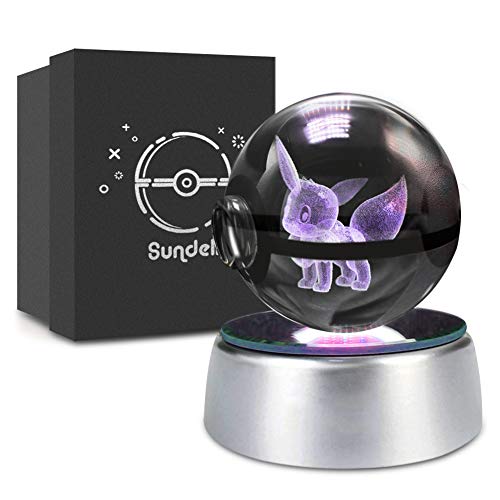 Sundell 3D Bola de Cristal LED Luz de Noche, 50 mm Base de Cambio de Color Automático, Luces de Regalo para Niños, Regalo Ideal (Eevee）