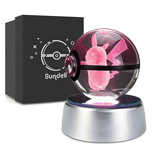 Sundell 3D Bola de Cristal LED Luz de Noche, 50 mm Base de Cambio de Color Automático, Luces de Regalo para Niños, Regalo Ideal (Pikachu)