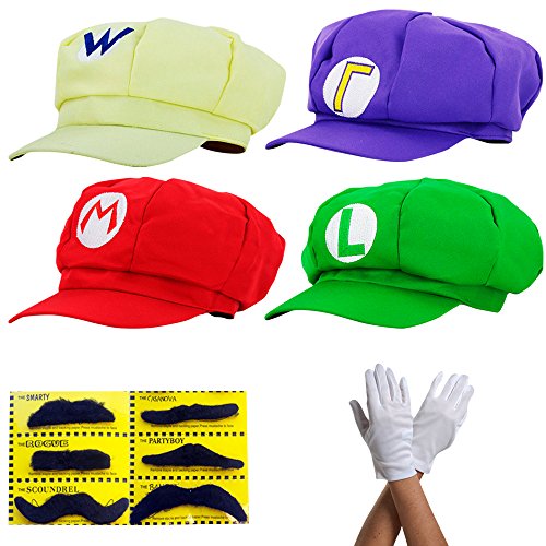 Super Mario Gorra Luigi Wario Waluigi - Conjunto de Disfraces para Adultos y niños + 4X Guantes y 6X Barba pegajosa Carnival & Cosplay - Classic Cappy Cap