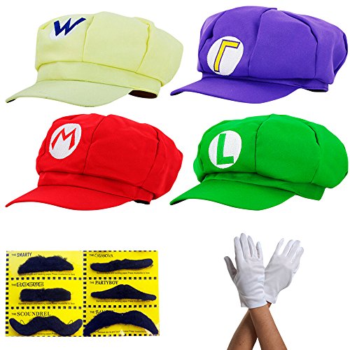 Super Mario Gorra Luigi Wario Waluigi - Conjunto de Disfraces para Adultos y niños + 4X Guantes y 6X Barba pegajosa Carnival & Cosplay - Classic Cappy Cap Super Mario Gorra Luigi Wario Waluigi - Conjunto de Disfraces para Adultos y niños + 4X Guantes y 6X Barba pegajosa Carnival & Cosplay - Classic Cappy Cap