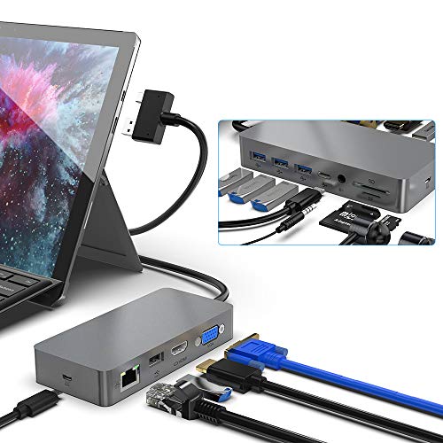 Surface Pro Dock para Surface Pro 4/5/6, Docking Station Dual Monitor con 4K puertos HDMI/2K VGA, RJ-45 Gigabit Ethernet, 3 puertos USB3.0/USB C, interfaz de audio, lector de tarjetas SD/TF, micro USB Surface Pro Dock para Surface Pro 4/5/6, Docking Station Dual Monitor con 4K puertos HDMI/2K VGA, RJ-45 Gigabit Ethernet, 3 puertos USB3.0/USB C, interfaz de audio, lector de tarjetas SD/TF, micro USB