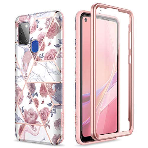 SURITCH for Samsung Galaxy A21S Marble Case, [Built-in Screen Protector] Natural Marble Full-Body Protection Shockproof Rugged Bumper Protective Cover for Galaxy A21S(Rose Marble)