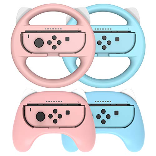 Switch Volante y Grip para Nintendo Switch, Volante Nintendo Switch, Agarres Para Manos para Mario Kart Juegos/Nintendo Switch Joy-Con Mandos, Kits de accesorios para Nintendo Switch pack de 4, Rosa