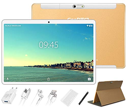 Tablet 10 Pulgadas Full HD Android 10.0 GOODTEL Tablet 4GB de RAM, 64GB de Memoria Interna, Escalable 128GB, Quad-Core, Dual SIM 8000mAh Batería Bluetooth WiFi GPS Cámara Dual, Type-C Tablet - Oro